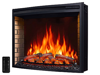 Einbau-Elektrokamineinsatz ArtiFlame AF33 – gebogene Scheibe, Breite ≈ 85 cm, 3D-Flammeneffekt, LED-Beleuchtung, Heizfunktion