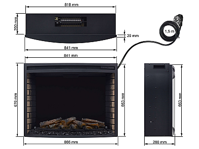Einbau-Elektrokamineinsatz ArtiFlame AF33 – gebogene Scheibe, Breite ≈ 85 cm, 3D-Flammeneffekt, LED-Beleuchtung, Heizfunktion