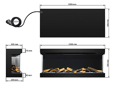 Einbau-Elektrokamineinsatz ArtiFlame AF50TS – dreiseitig, Breite 125 cm, 3D-Flammeneffekt, Heizfunktion, WLAN