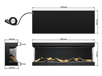 Einbau-Elektrokamineinsatz ArtiFlame AF60TS – dreiseitig, Breite 150 cm, 3D-Flammeneffekt, Heizfunktion, WLAN